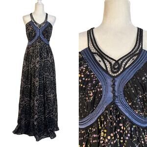 3.1 Phillip Lim Crochet Halter Maxi Dress Batik Floral Cotton Silk Size 10